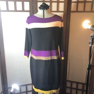 Jones New York sweater dress in black, purple, ecru, yellow, and light gray / L